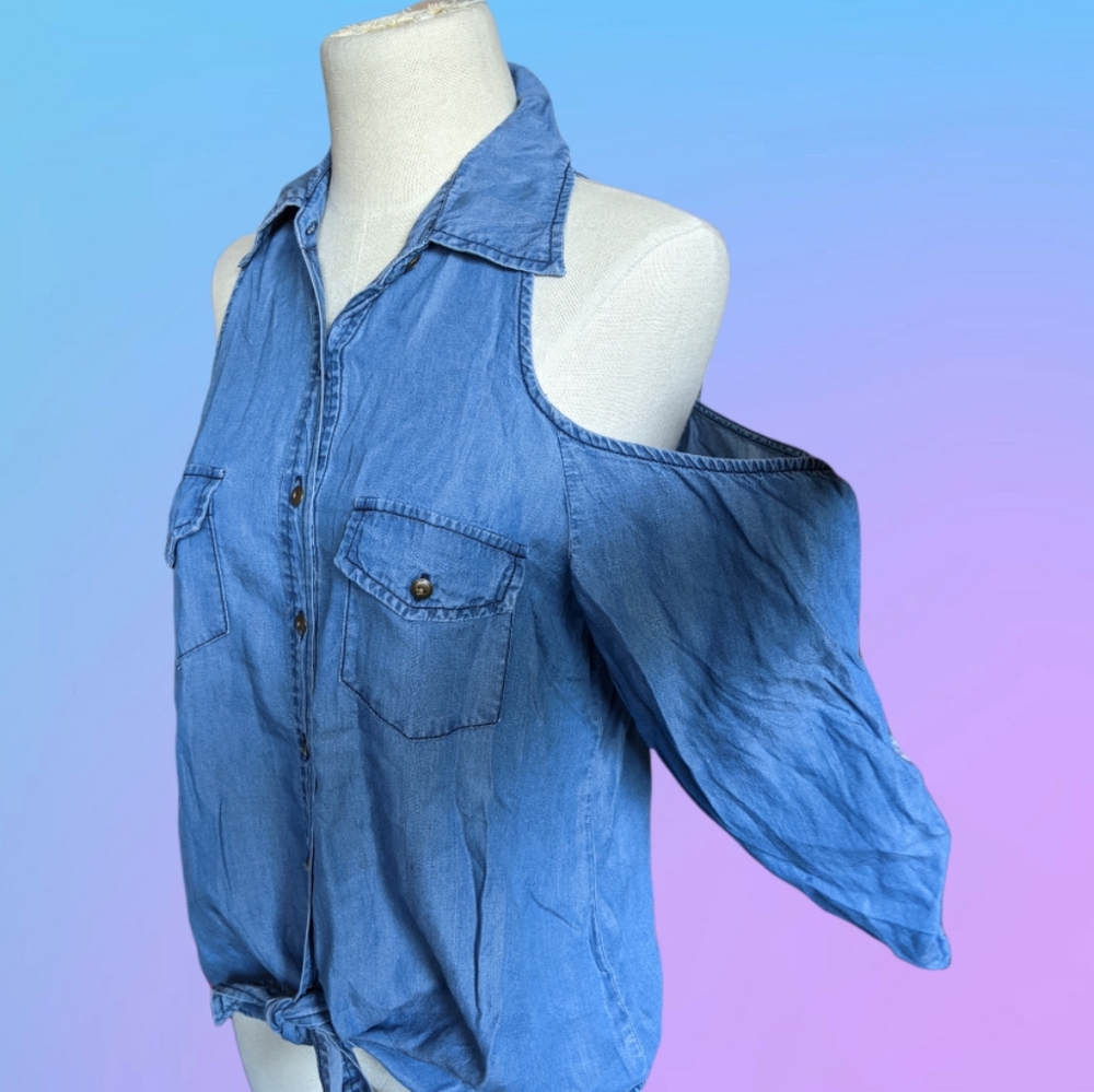 Cold Shoulder Chambray Button Up - image 1